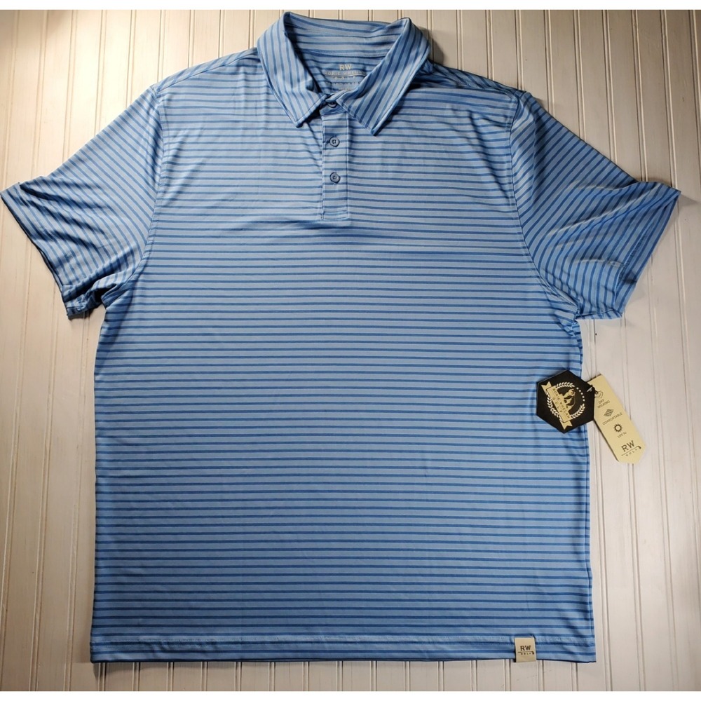 NWT Rorie Whelan Golf Polo Shirt Mens 2XL Blue Striped Stretch‎ Logo Athletic